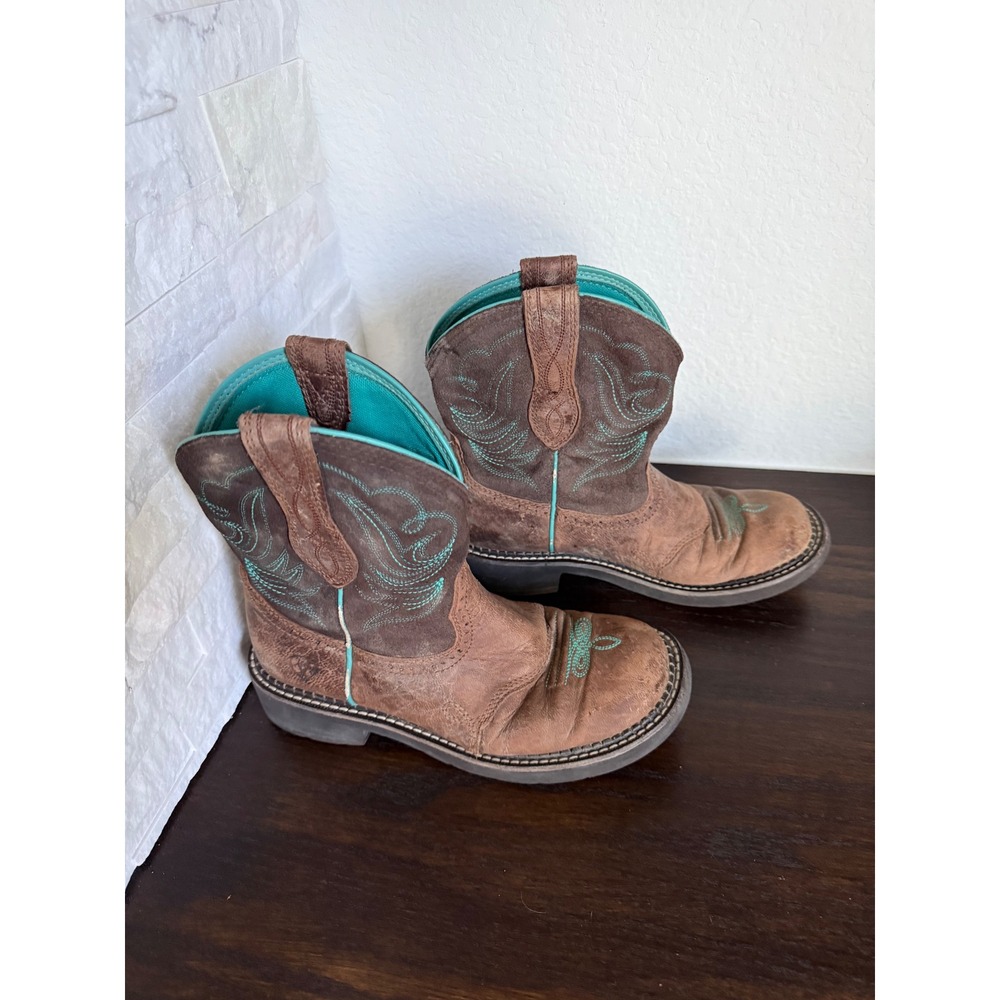 Ariat Fatbaby Brown Leather Turquoise Stitch Western Cowboy Boots Kids 7B